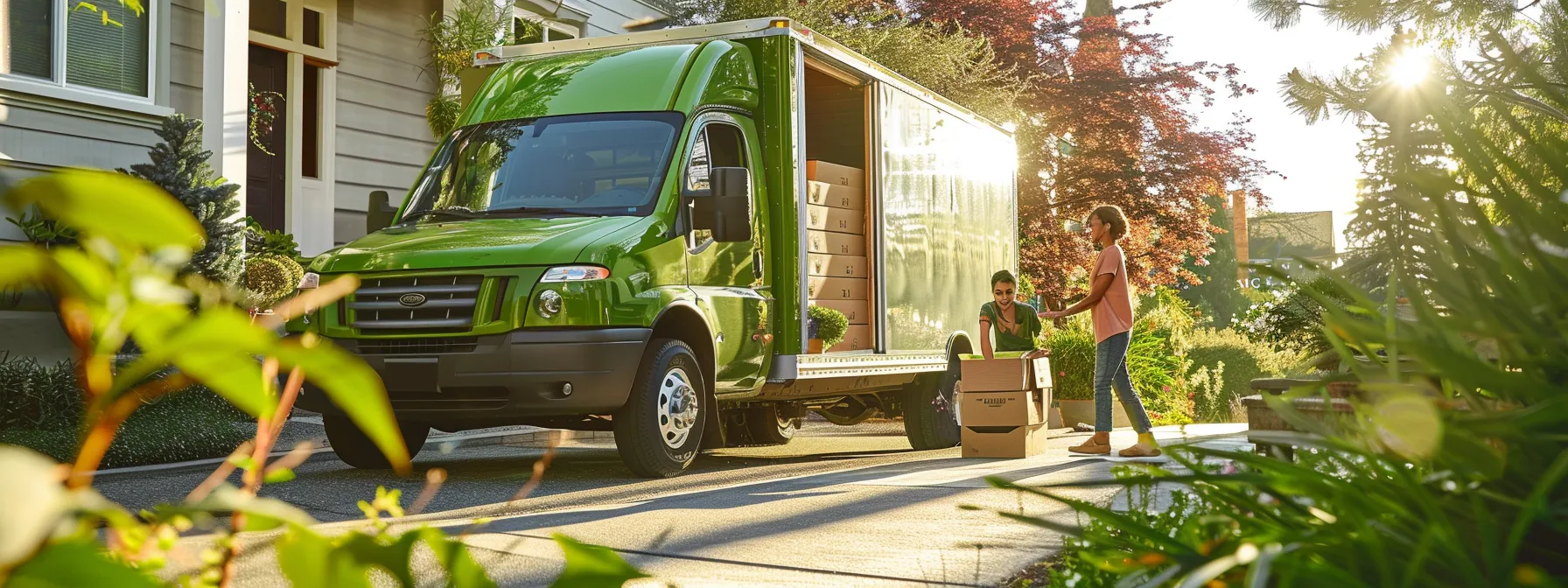 a family happily unloading eco-friendly moving boxes from a green moving truck in los angeles, surrounded by lush greenery and solar panels. a family happily unloading eco-friendly moving boxes from a green moving truck in los angeles, surrounded by lush greenery and solar panels.