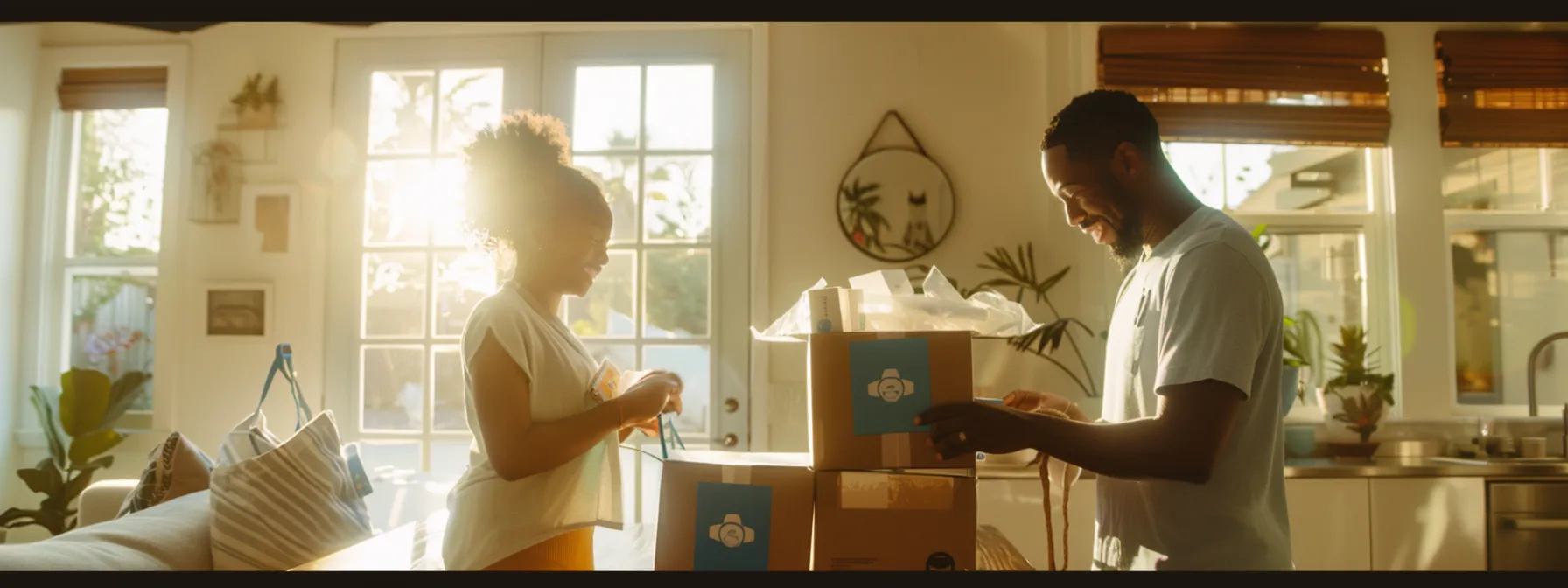a family happily unpacking boxes labeled with eco-friendly logos in their new los angeles home.