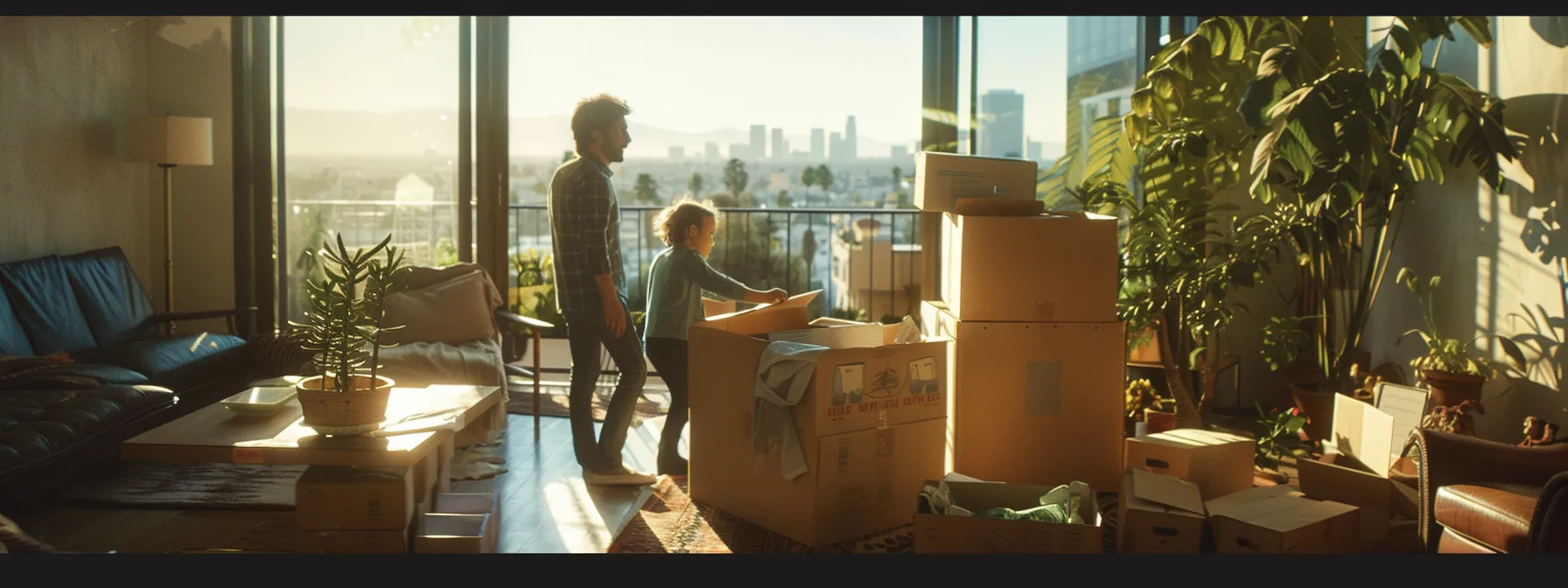a family happily unpacking boxes in their new los angeles home, surrounded by scenic views of the city.
