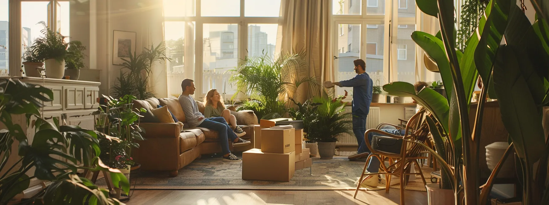 a family happily unpacking boxes in their new, spacious and well-lit living room filled with cozy furniture and green houseplants after selecting the right home relocation service. a family happily unpacking boxes in their new, spacious and well-lit living room filled with cozy furniture and green houseplants after selecting the right home relocation service.