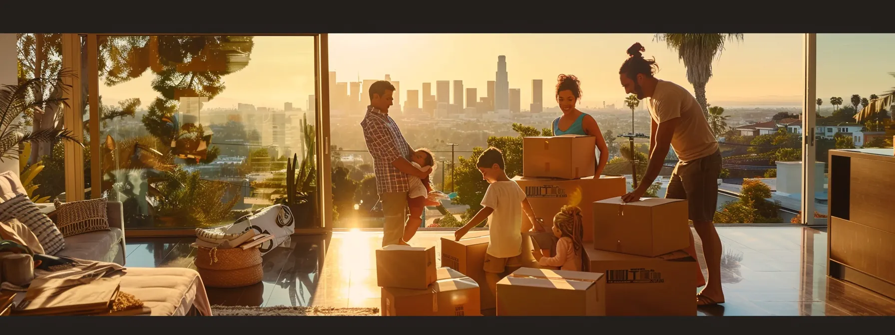 a family happily unpacking moving boxes in their new los angeles home, surrounded by trustworthy movers and a scenic view of the city skyline. a family happily unpacking moving boxes in their new los angeles home, surrounded by trustworthy movers and a scenic view of the city skyline.