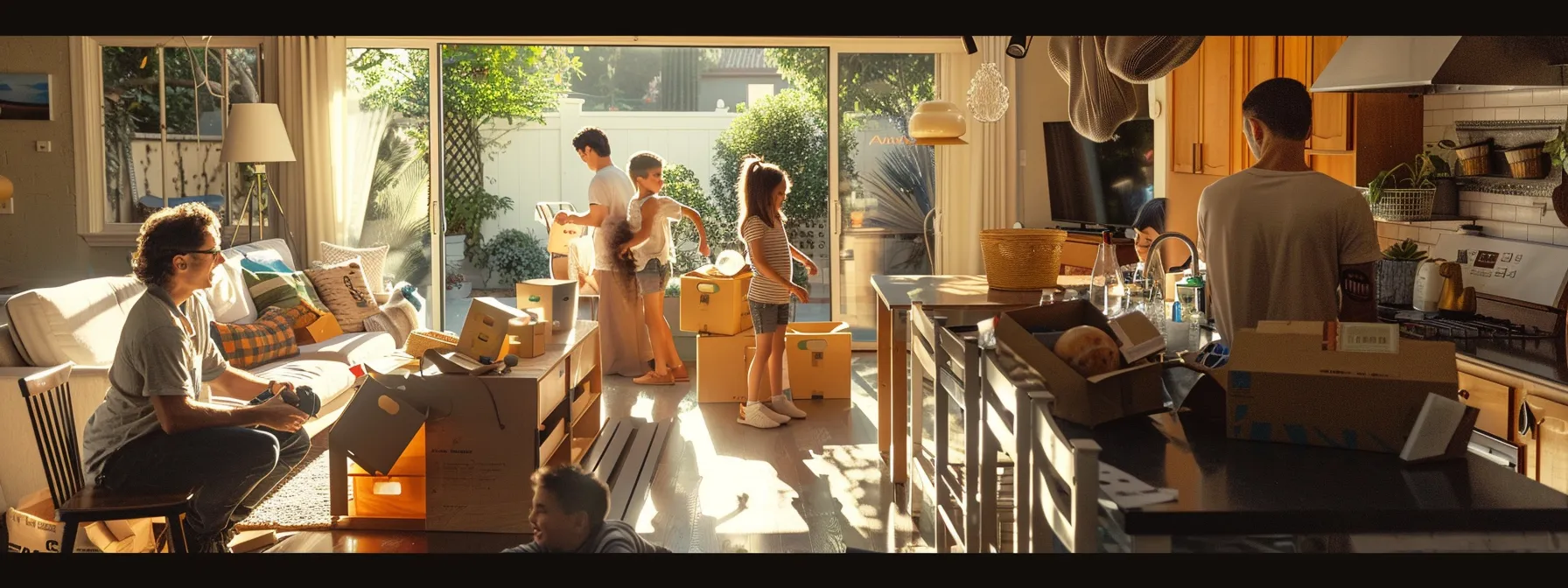 a family happily unpacking boxes in their new los angeles home, surrounded by professional movers providing full-service assistance. a family happily unpacking boxes in their new los angeles home, surrounded by professional movers providing full-service assistance.
