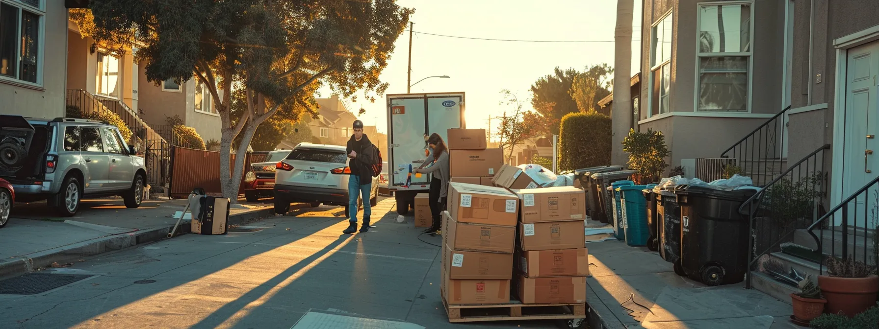 a family happily unpacking boxes in their new los angeles home surrounded by labeled moving containers and a moving truck in the background.