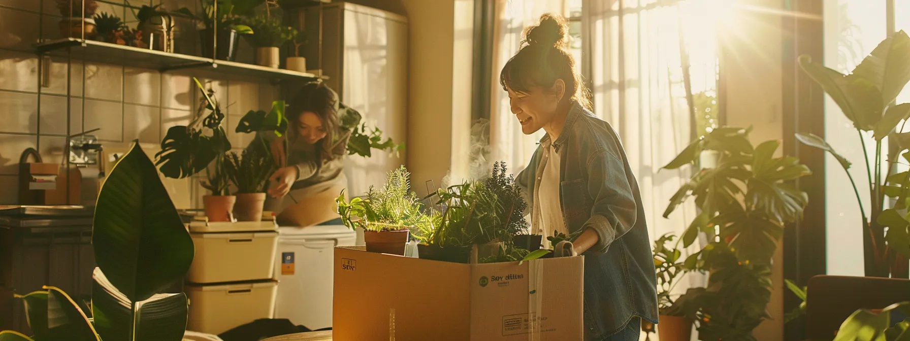 a family happily unpacking recycled boxes labeled with eco-friendly movers' logo in a spacious, sunlit living room filled with plant-filled shelves and energy-efficient appliances after embracing sustainable moving services in los angeles. a family happily unpacking recycled boxes labeled with eco-friendly movers' logo in a spacious, sunlit living room filled with plant-filled shelves and energy-efficient appliances after embracing sustainable moving services in los angeles.