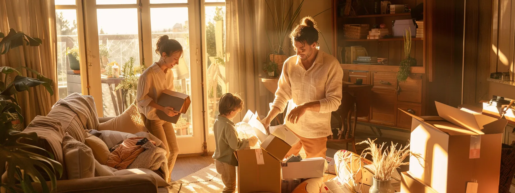 a family happily unpacking reusable packing materials in their new eco-friendly home, surrounded by boxes ready to be recycled.