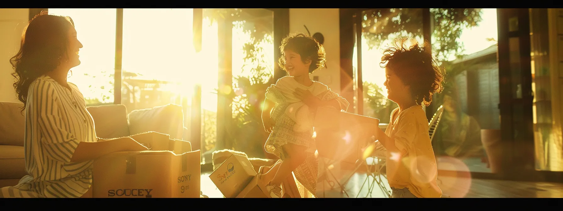 a family happily unpacking boxes with the help of affordable residential movers in a sunny los angeles home.