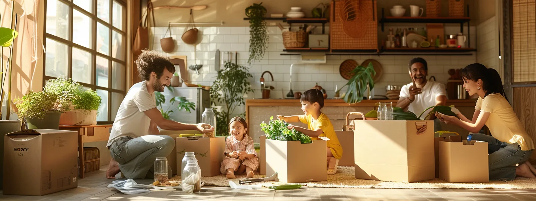 a family happily unpacking reusable moving boxes in an eco-friendly home, surrounded by biodegradable packing materials and recycling bins.