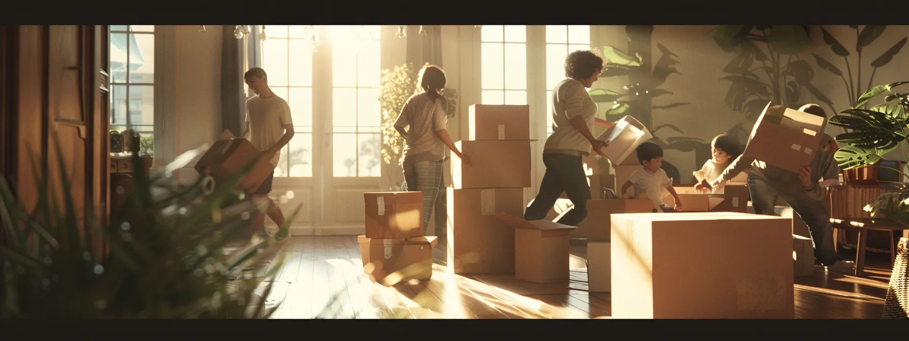 a family happily unpacking boxes in their new home while professional movers in the background efficiently handle the relocation process. a family happily unpacking boxes in their new home while professional movers in the background efficiently handle the relocation process.