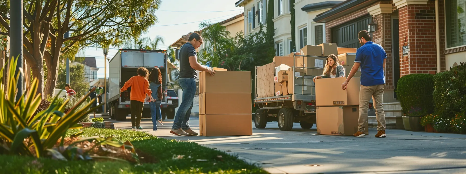 a family happily unpacking boxes in their new los angeles home, surrounded by professional movers and a moving truck parked outside. a family happily unpacking boxes in their new los angeles home, surrounded by professional movers and a moving truck parked outside.