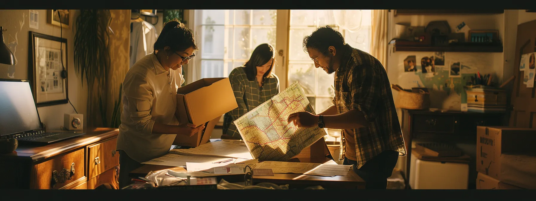 a family happily unpacking boxes in their new los angeles home surrounded by vibrant neighborhood maps and moving checklists. a family happily unpacking boxes in their new los angeles home surrounded by vibrant neighborhood maps and moving checklists.