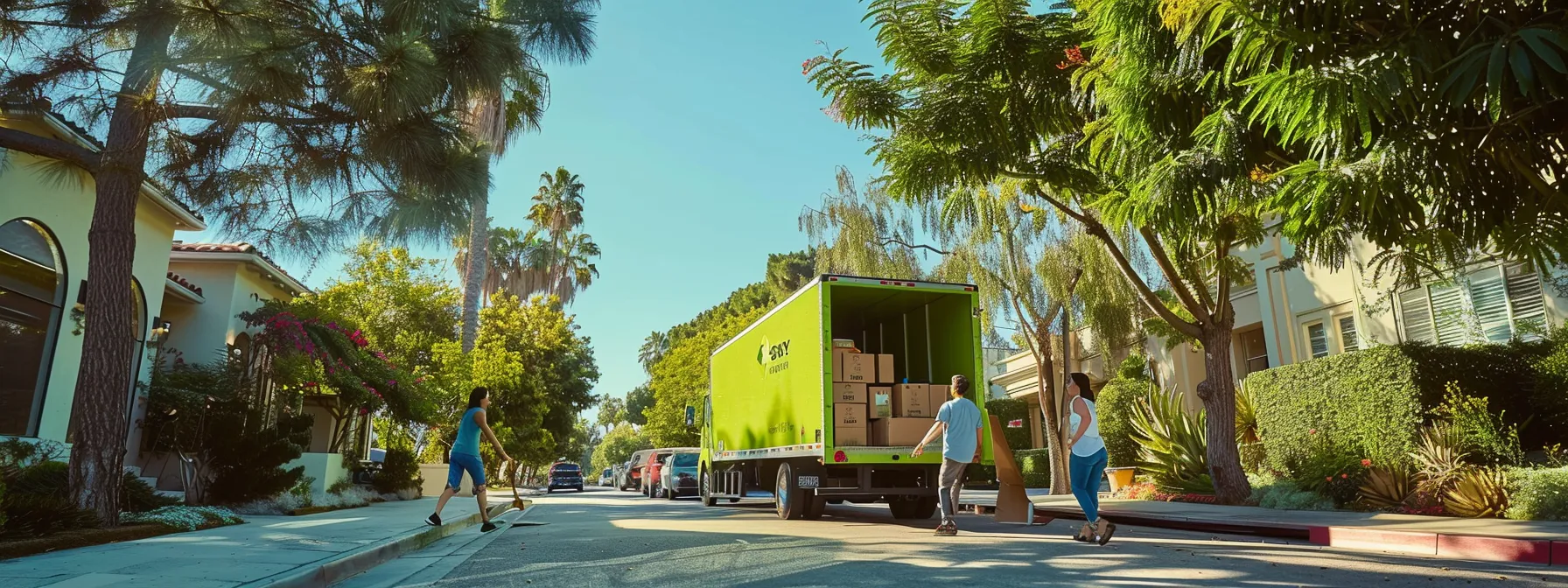 a family happily watching as eco-friendly movers in los angeles load their belongings onto a green moving truck, surrounded by lush trees and clear blue skies. a family happily watching as eco-friendly movers in los angeles load their belongings onto a green moving truck, surrounded by lush trees and clear blue skies.