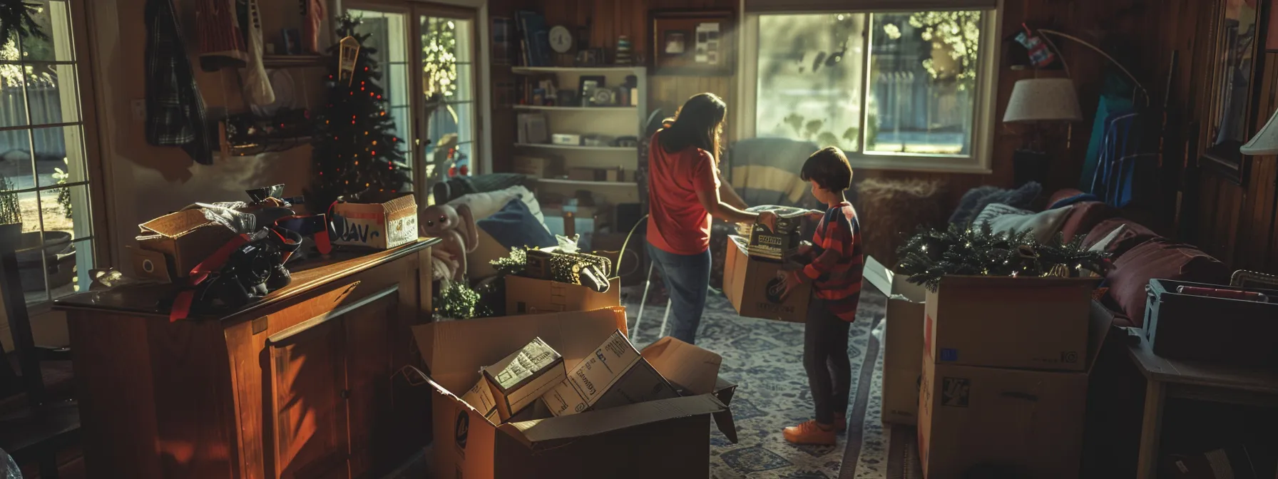 a family in irvine, ca carefully packing moving boxes surrounded by various packing supplies and materials, highlighting the hidden costs of moving locally in orange county.