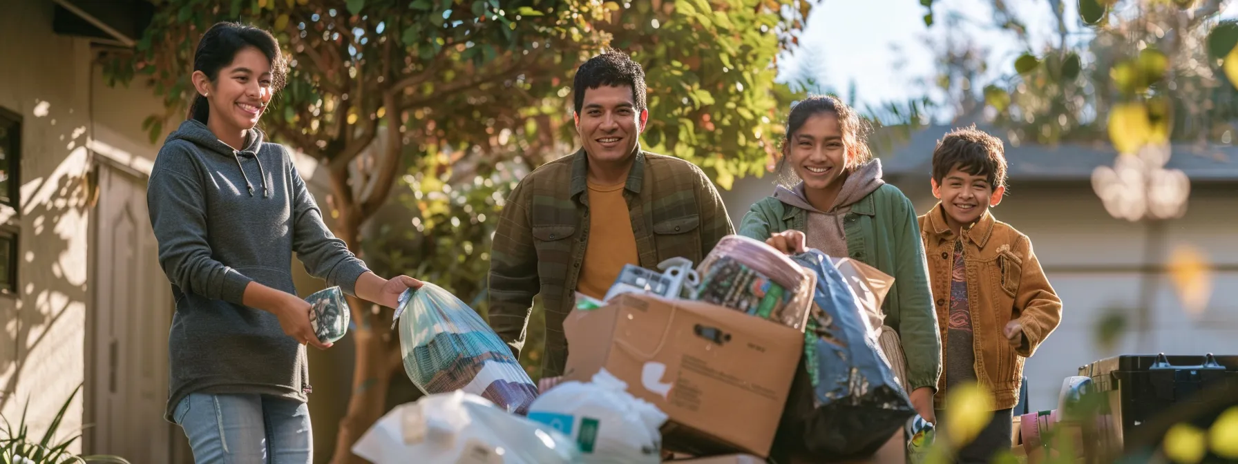 a family joyfully donating unwanted items and recycling electronics before their eco-friendly move in los angeles. a family joyfully donating unwanted items and recycling electronics before their eco-friendly move in los angeles.