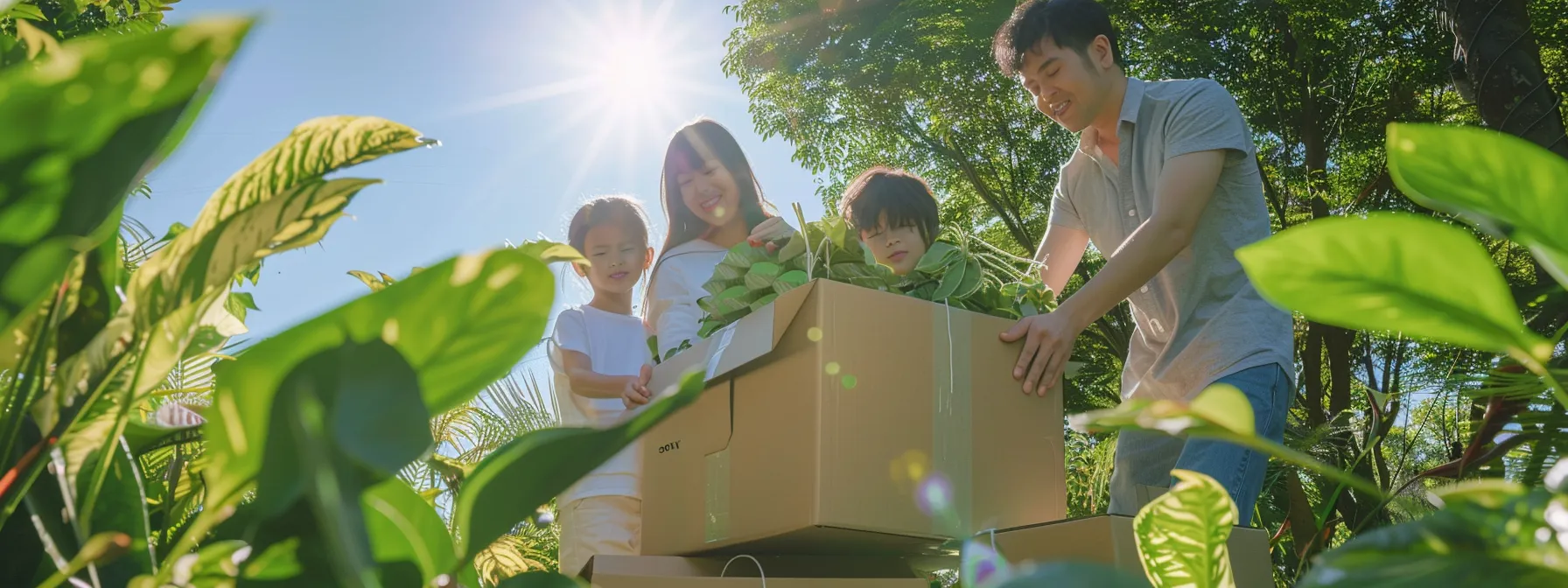 a family joyfully packing reusable materials into eco-friendly moving boxes, surrounded by lush greenery and clear blue skies.