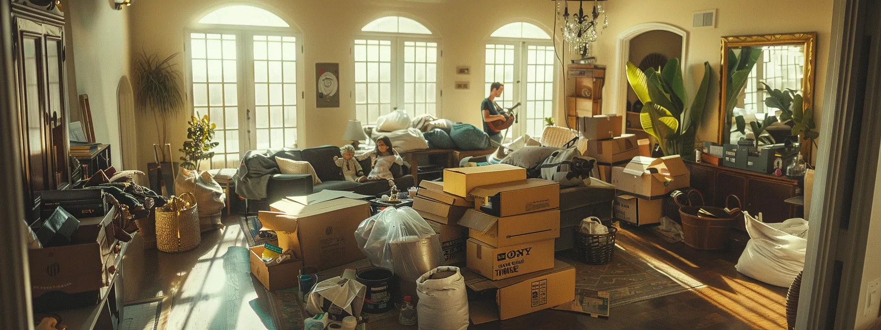 a family joyfully packing boxes and decluttering their home, surrounded by donation bags, preparing for a stress-free and cost-effective move to their new home in downtown los angeles.