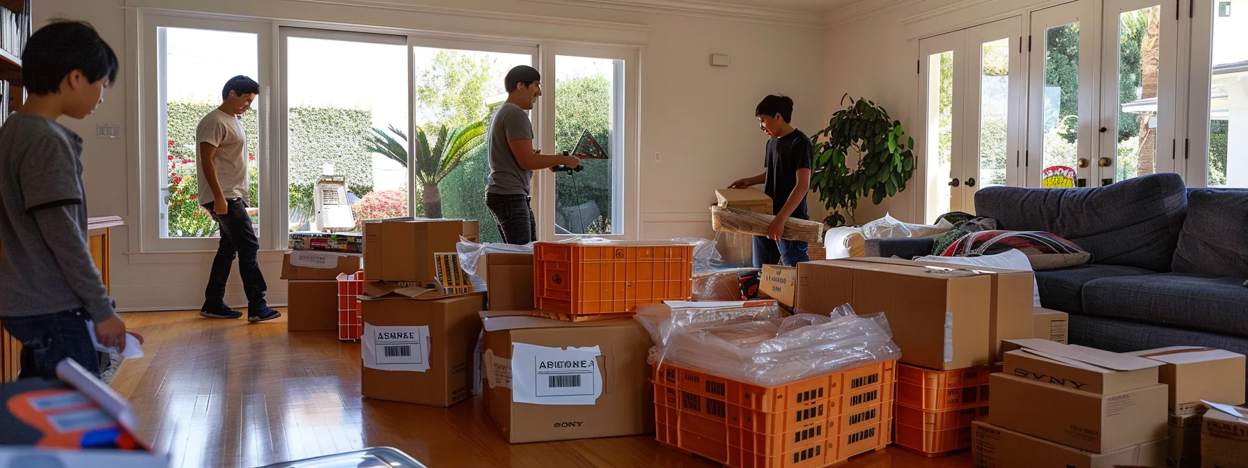 a family joyfully packing their belongings in sturdy, eco-friendly moving boxes as they prepare for a stress-free and sustainable move to their new home in los angeles. a family joyfully packing their belongings in sturdy, eco-friendly moving boxes as they prepare for a stress-free and sustainable move to their new home in los angeles.