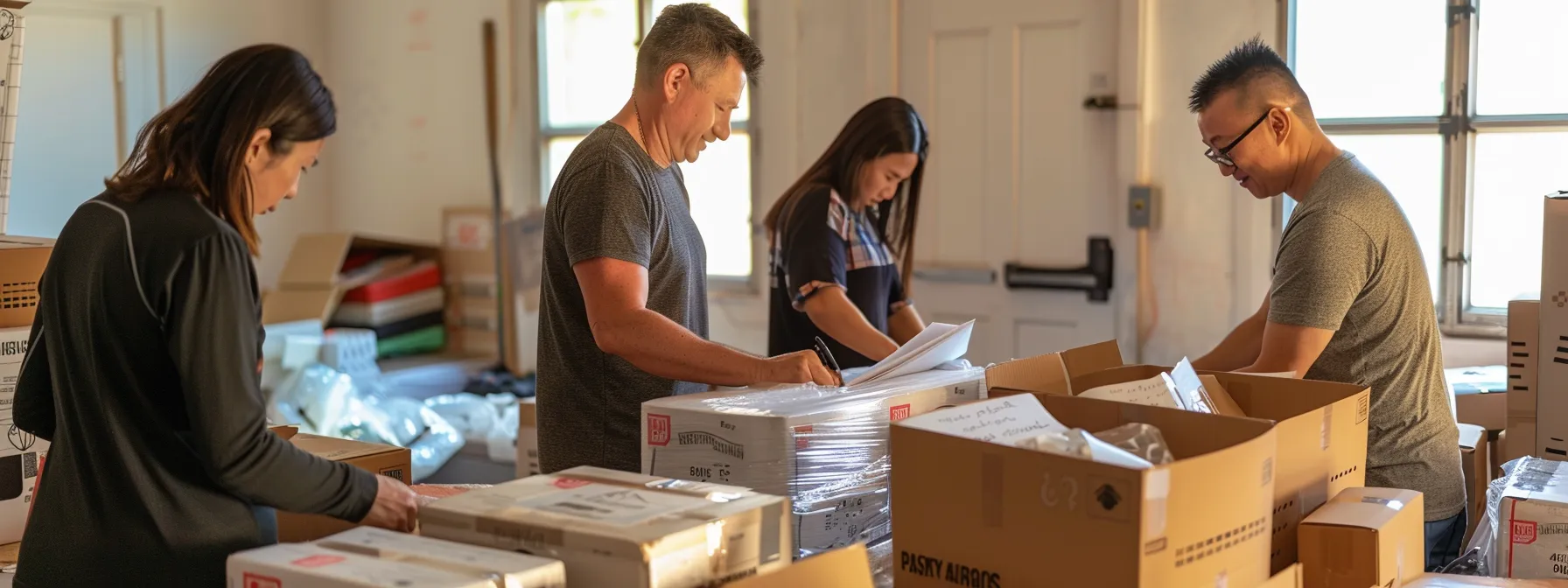 a family joyfully signing a contract with los angeles movers, surrounded by packed boxes and moving supplies, ready for a smooth and stress-free moving day. a family joyfully signing a contract with los angeles movers, surrounded by packed boxes and moving supplies, ready for a smooth and stress-free moving day.