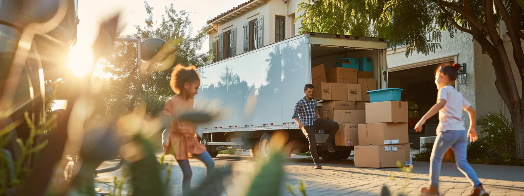 a family joyfully unpacking boxes in their new los angeles home with a moving truck parked in the driveway.