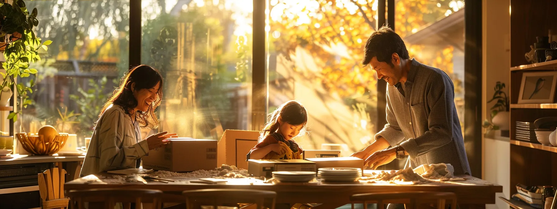 a family joyfully unpacking recycled boxes in their new eco-friendly home in los angeles. a family joyfully unpacking recycled boxes in their new eco-friendly home in los angeles.