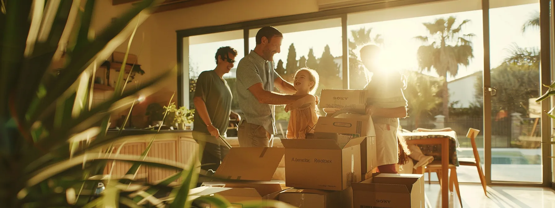 a family joyfully unpacking boxes in their new suburban home with professional movers in the background on a sunny day. a family joyfully unpacking boxes in their new suburban home with professional movers in the background on a sunny day.