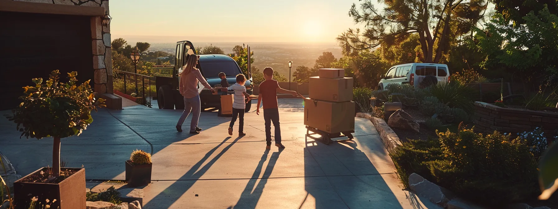 a family joyfully watching professional movers carry boxes into their new home, surrounded by moving trucks and a scenic view, capturing the essence of a stress-free and exciting moving day. a family joyfully watching professional movers carry boxes into their new home, surrounded by moving trucks and a scenic view, capturing the essence of a stress-free and exciting moving day.