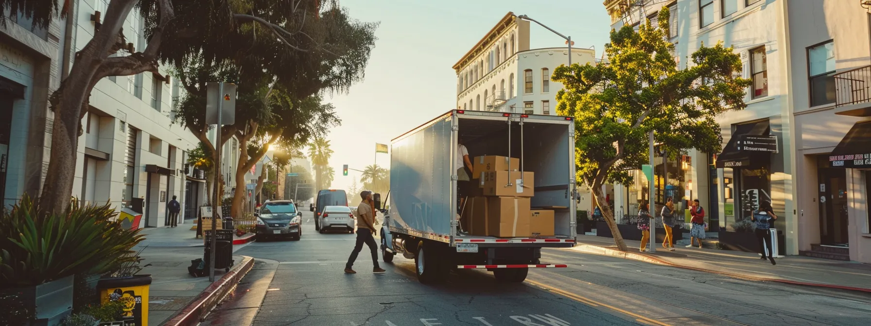 a family loading recycled boxes into an eco-friendly moving truck in the bustling city of los angeles. a family loading recycled boxes into an eco-friendly moving truck in the bustling city of los angeles.