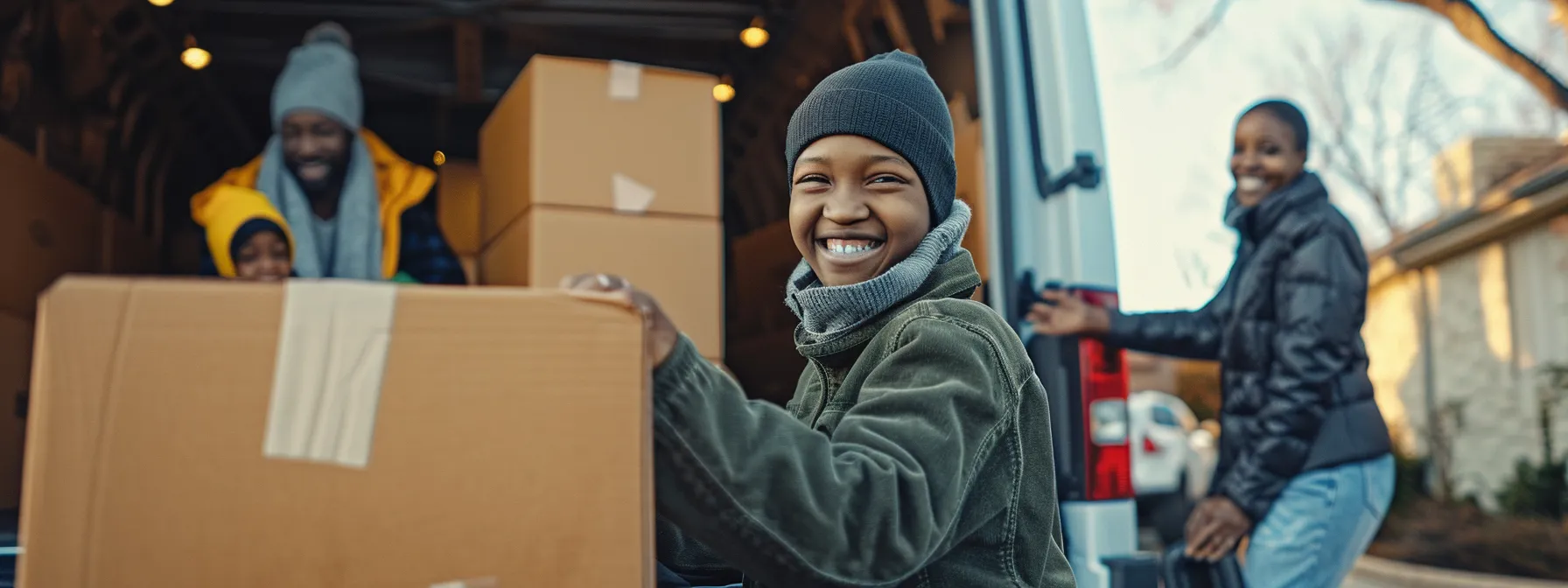 a family smiling as they watch an eco-friendly moving company carefully load sustainable moving boxes onto a moving truck.