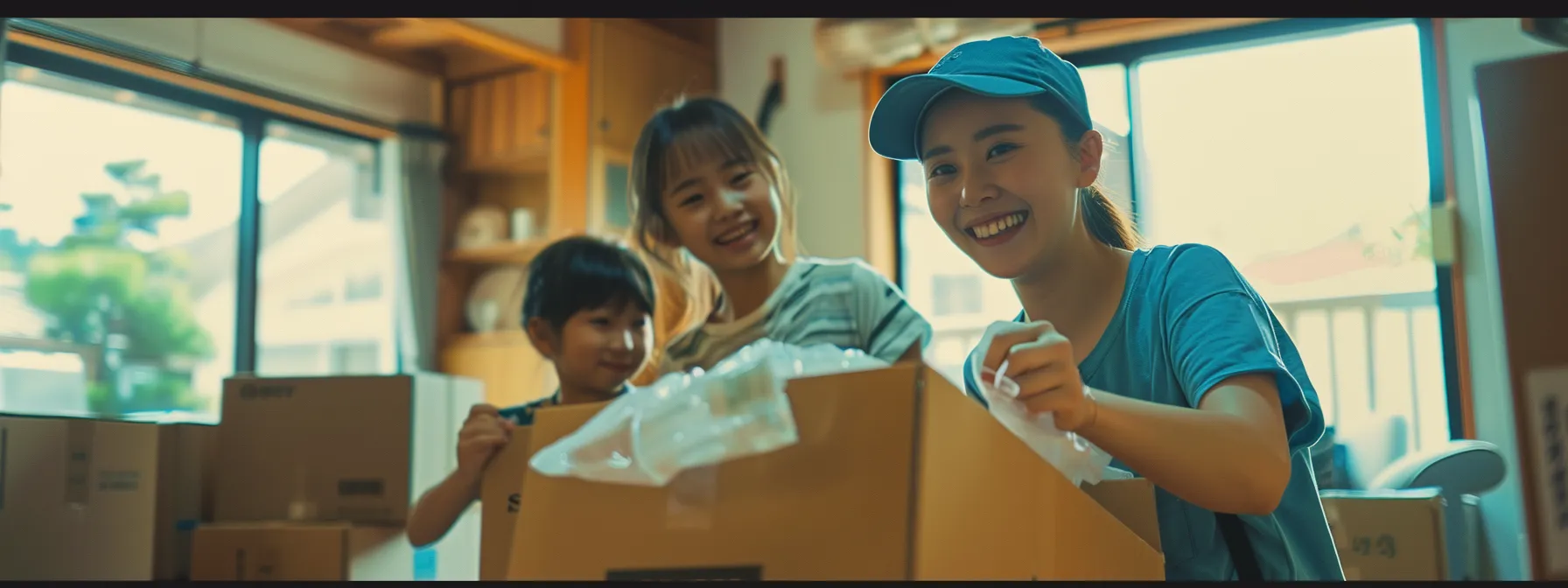 a family smiling as they unpack boxes in their new home, surrounded by efficient and friendly budget-friendly movers, exemplifying a stress-free and successful relocation.