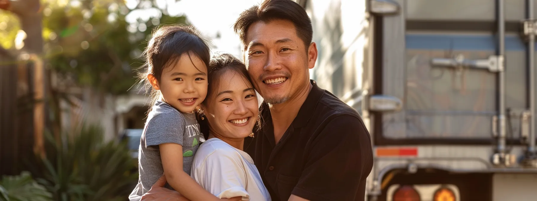 a family smiling in front of a moving truck adorned with eco-friendly logos and certifications in los angeles.