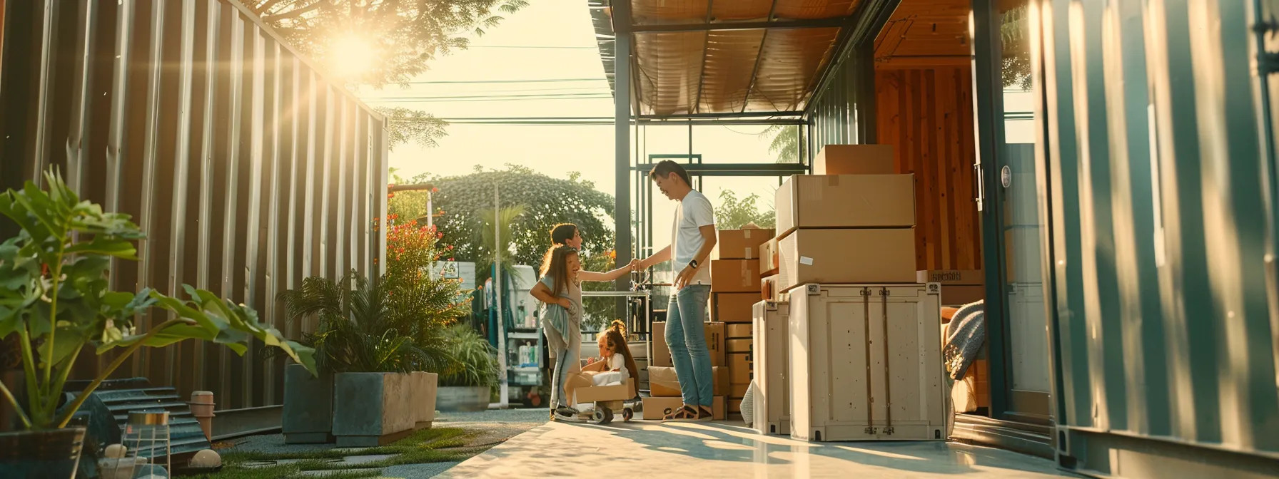 a family smiling while effortlessly loading boxes into a spacious storage container provided by a top la moving company, surrounded by a neatly organized moving checklist and glowing customer reviews. a family smiling while effortlessly loading boxes into a spacious storage container provided by a top la moving company, surrounded by a neatly organized moving checklist and glowing customer reviews.