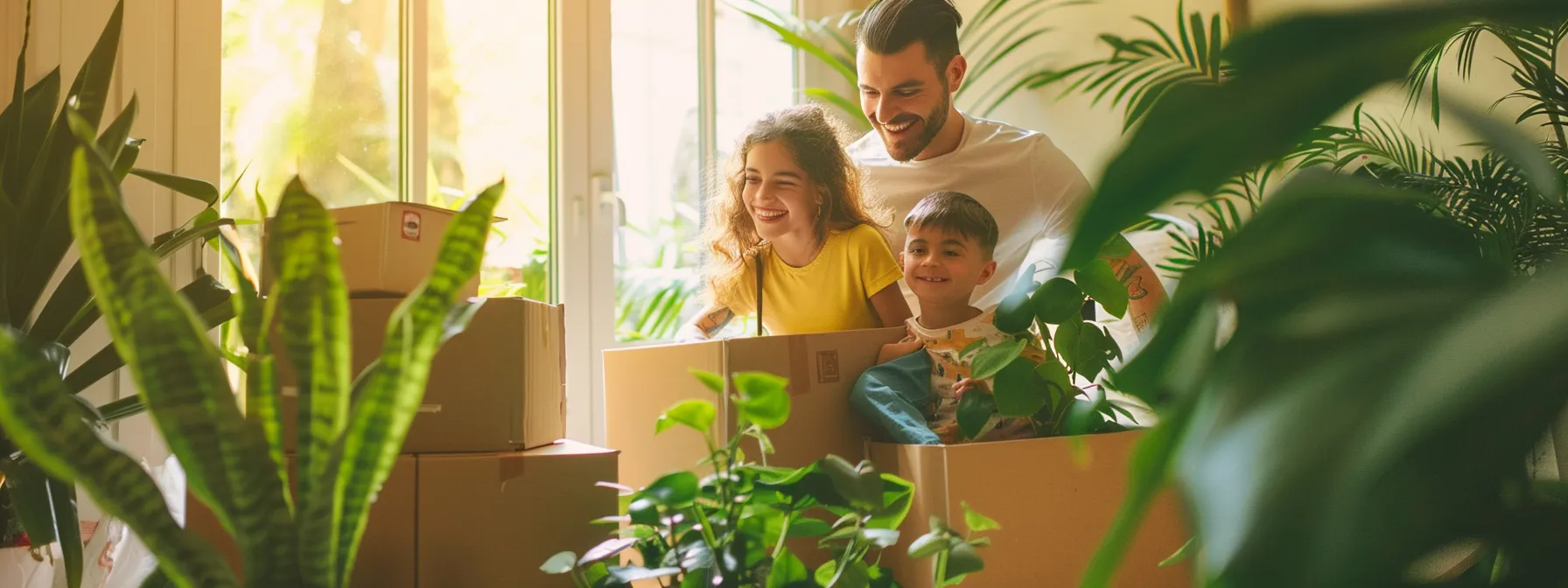 a family smiling while packing eco-friendly moving boxes in their sunny los angeles home, surrounded by green plants and sustainable packing materials.