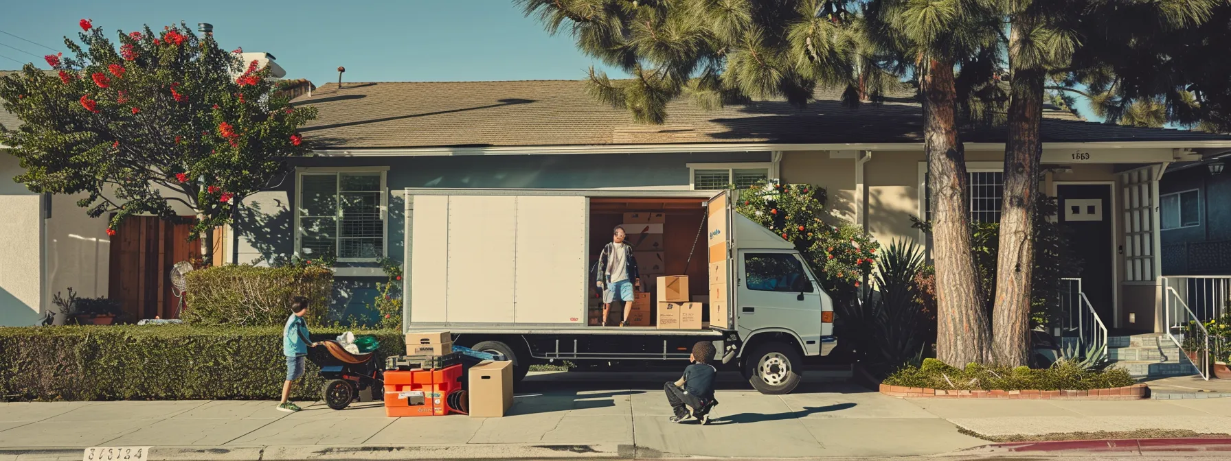 a family standing outside their newly purchased home in los angeles, surrounded by moving boxes and a moving truck packed with their belongings. a family standing outside their newly purchased home in los angeles, surrounded by moving boxes and a moving truck packed with their belongings.