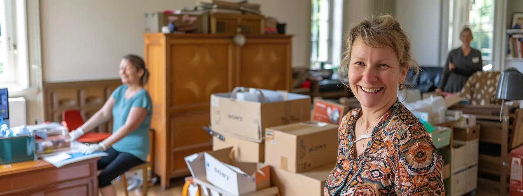 a family surrounded by moving boxes, smiling as professional movers efficiently pack belongings in a spacious living room.