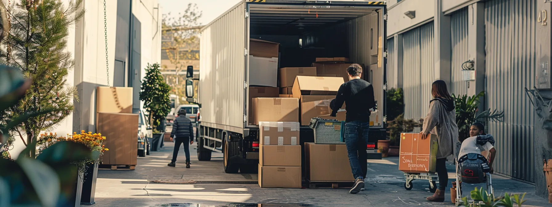 a family unloading boxes from a moving truck at a modern, secure storage facility in los angeles. a family unloading boxes from a moving truck at a modern, secure storage facility in los angeles.