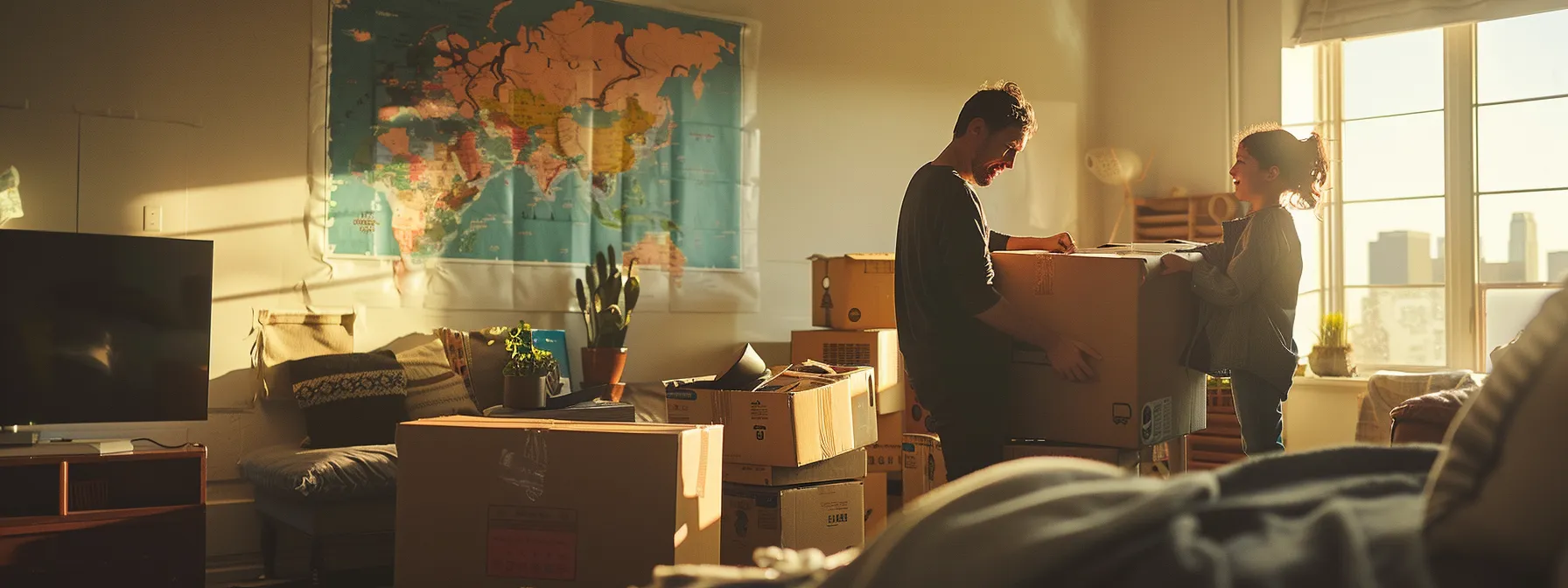 a family unpacking boxes in their new los angeles home, surrounded by a map of the city and transportation schedules. a family unpacking boxes in their new los angeles home, surrounded by a map of the city and transportation schedules.