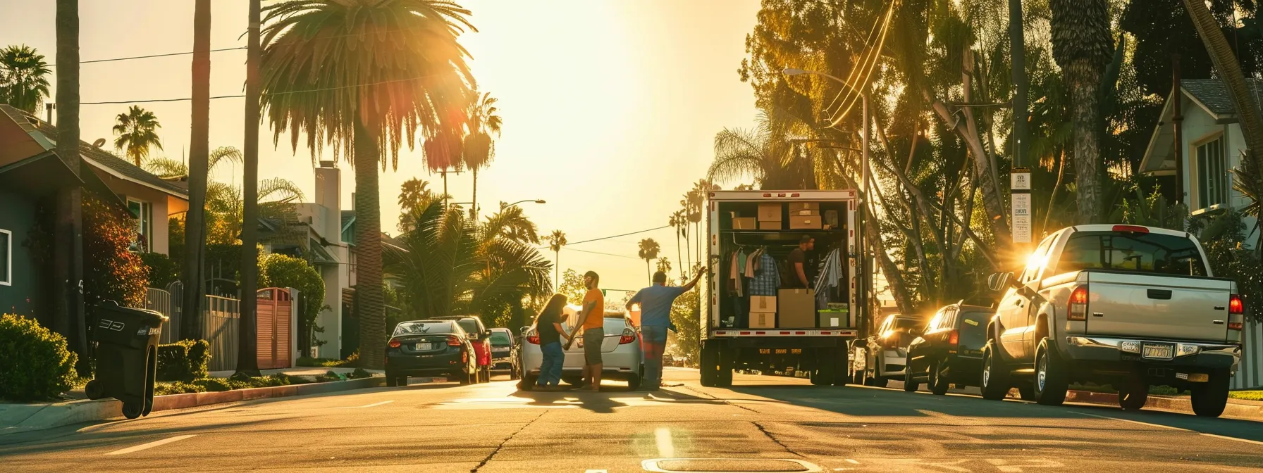a family unpacking their belongings from a moving truck in front of a palm-lined street in los angeles, showcasing the excitement of relocating to a new home in the city. a family unpacking their belongings from a moving truck in front of a palm-lined street in los angeles, showcasing the excitement of relocating to a new home in the city.