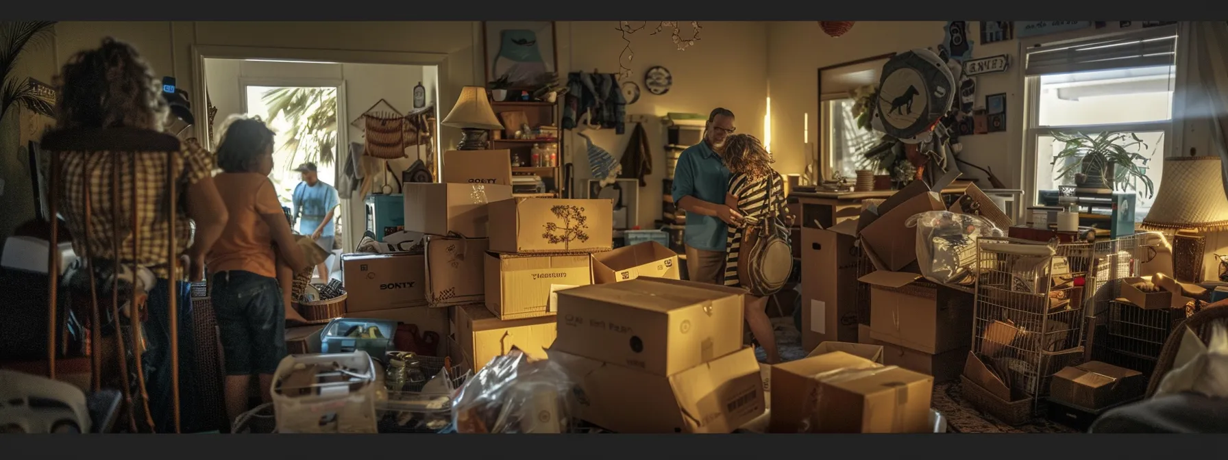 a frantic family packing boxes in a hurry, surrounded by clutter and moving supplies, reflecting the urgency of a last-minute move in orange county. a frantic family packing boxes in a hurry, surrounded by clutter and moving supplies, reflecting the urgency of a last-minute move in orange county.