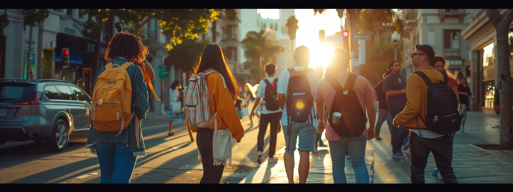 a group of friends exploring iconic landmarks while taking photographs, enjoying street performances, and browsing through local markets in los angeles.