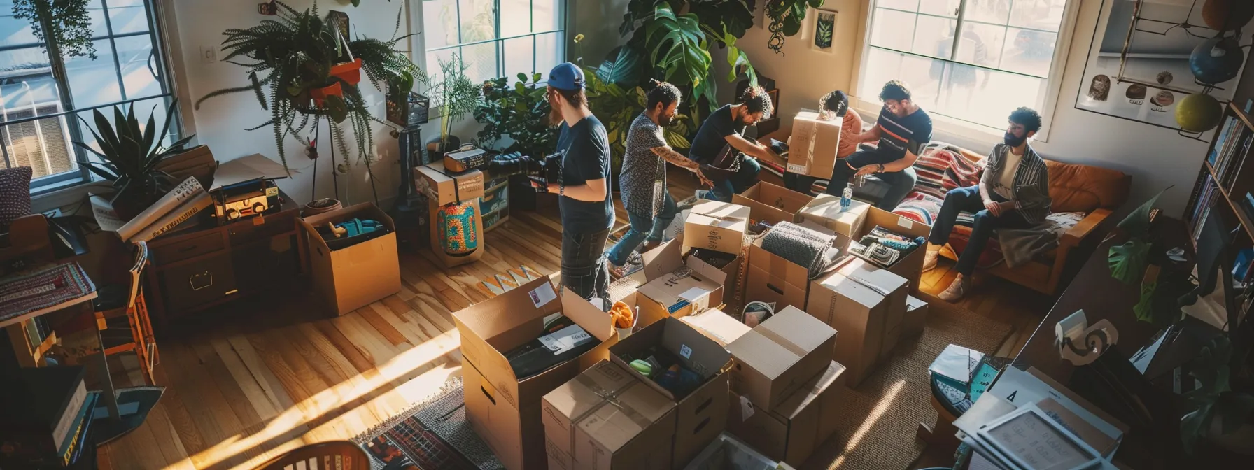 a group of local volunteers unpacking boxes in a spacious living room in los angeles, surrounded by eco-friendly packing materials and locally sourced organizational supplies.