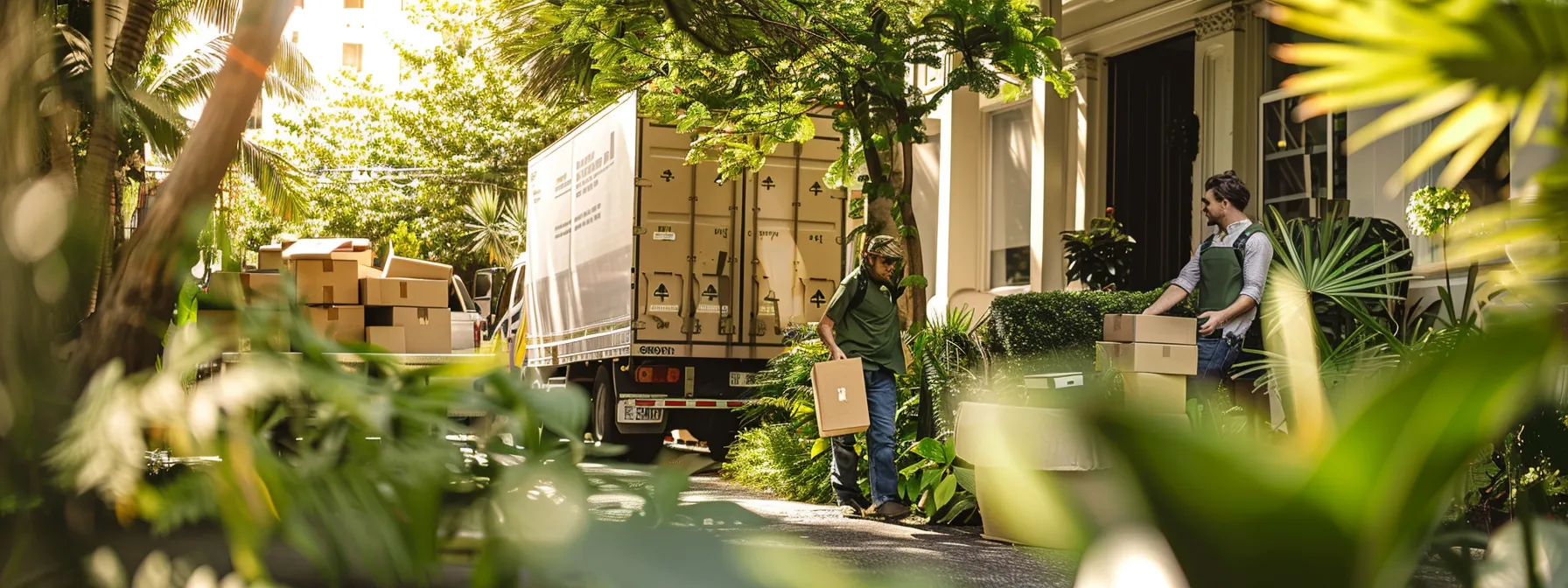 a group of movers carefully loading eco-friendly labeled boxes onto a truck, surrounded by lush greenery, showcasing their commitment to sustainability in the moving process. a group of movers carefully loading eco-friendly labeled boxes onto a truck, surrounded by lush greenery, showcasing their commitment to sustainability in the moving process.