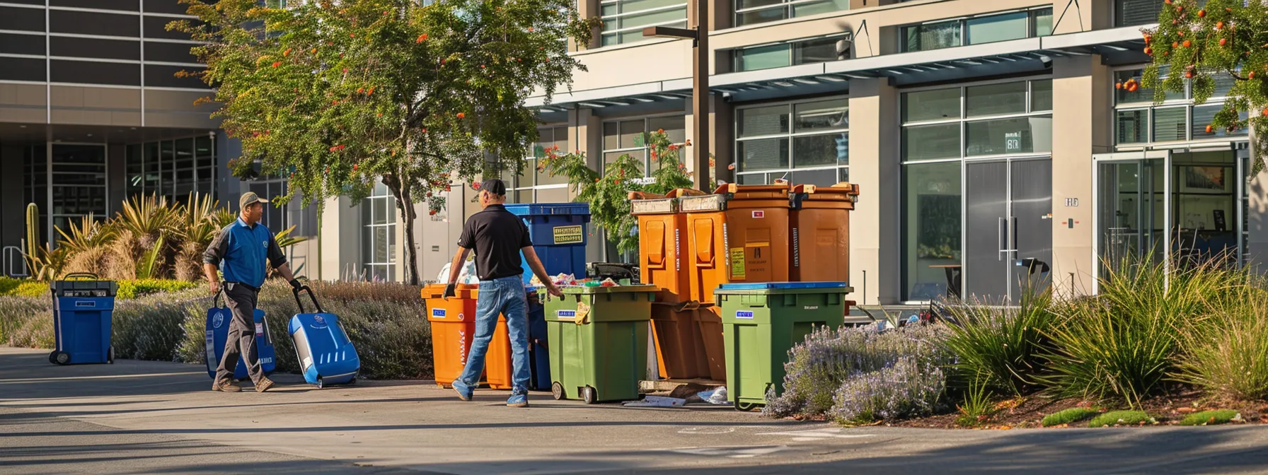 a group of movers in orange county carefully sorting recyclables into labeled bins outside a modern eco-friendly moving company office in irvine, ca.