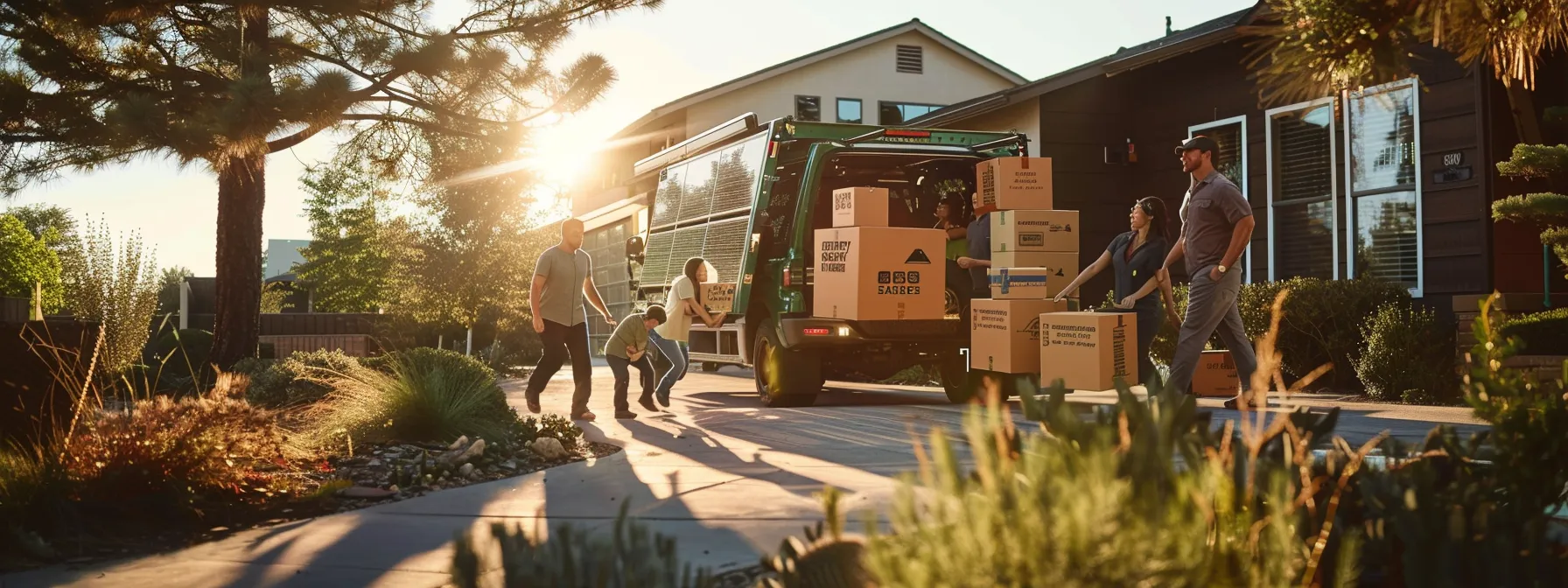 a group of movers carefully loading eco-friendly labeled boxes onto a moving truck adorned with solar panels, while a happy family watches on with approval and excitement. a group of movers carefully loading eco-friendly labeled boxes onto a moving truck adorned with solar panels, while a happy family watches on with approval and excitement.