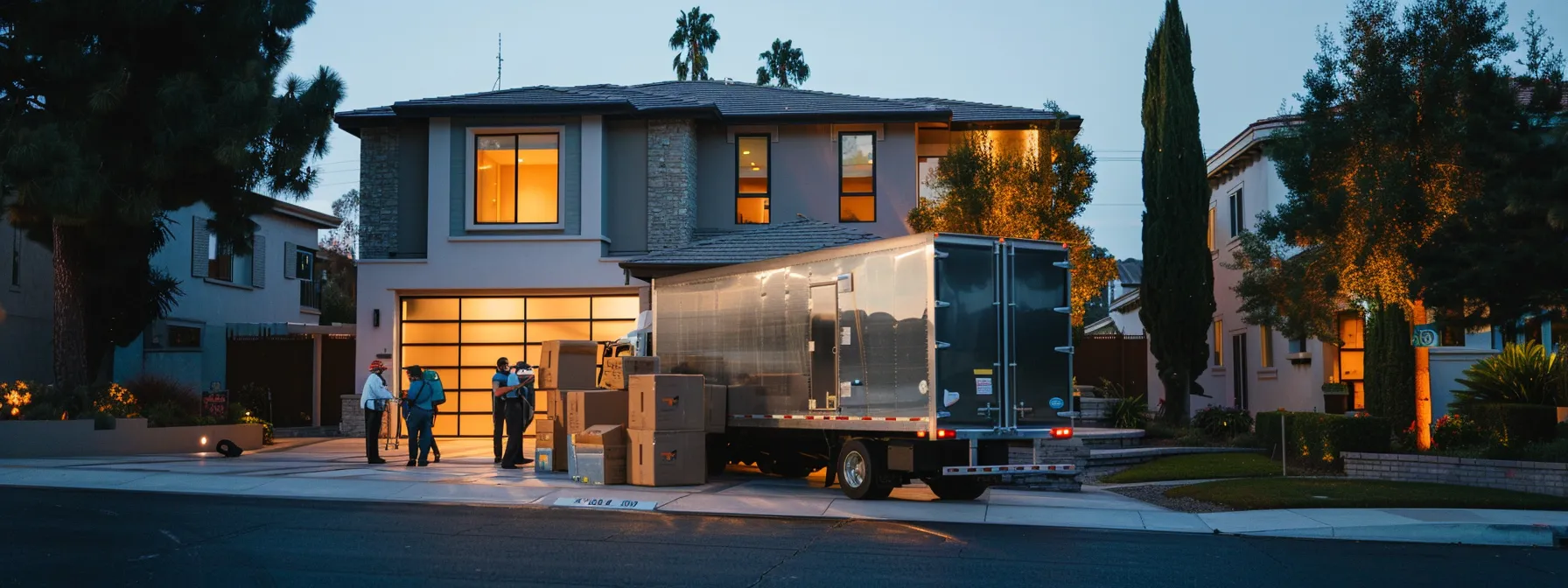 a group of professional movers carefully loading boxes and furniture into a large moving truck parked in front of a modern home in irvine, ca. a group of professional movers carefully loading boxes and furniture into a large moving truck parked in front of a modern home in irvine, ca.