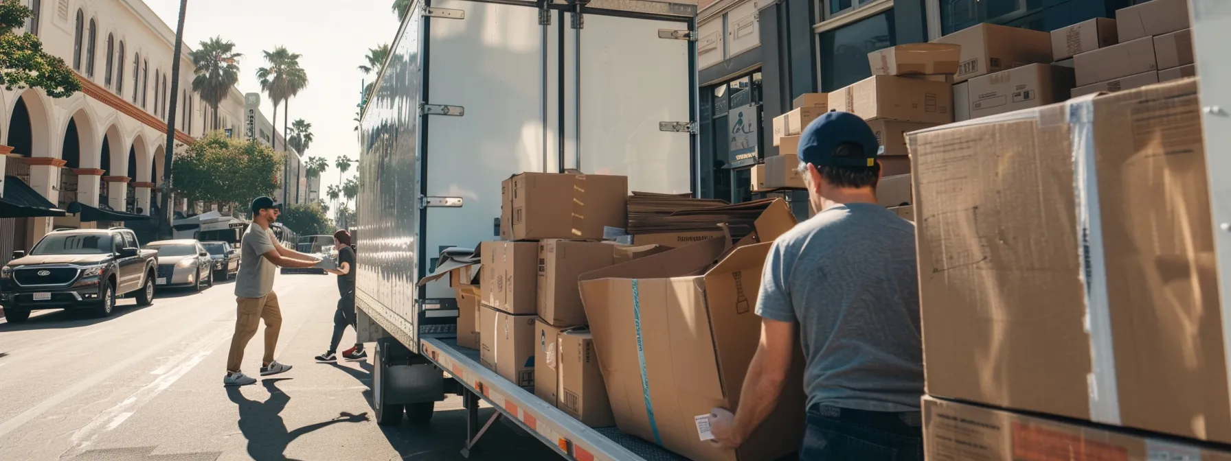a group of professional movers carefully loading boxes onto a clean, modern moving truck in los angeles. a group of professional movers carefully loading boxes onto a clean, modern moving truck in los angeles.