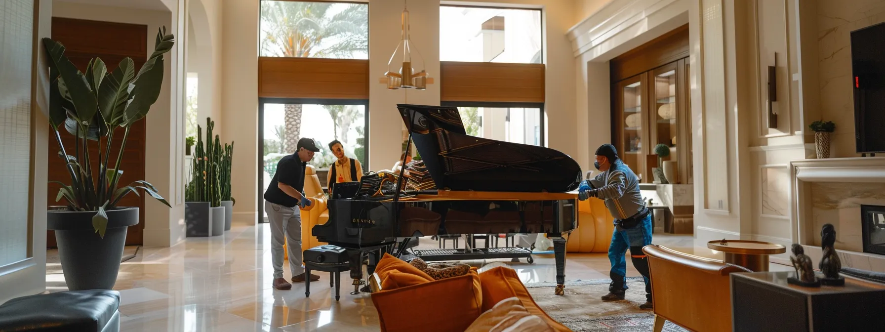 a group of strong movers carefully transporting a grand piano through a modern living room in irvine, ca. a group of strong movers carefully transporting a grand piano through a modern living room in irvine, ca.