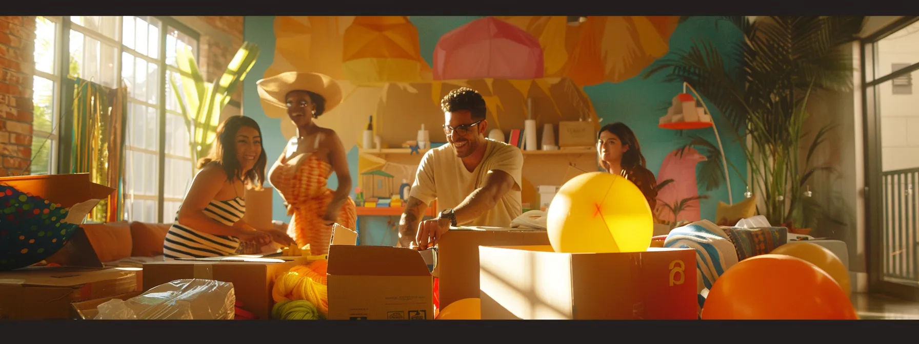 a joyful family unpacking boxes in their new los angeles home, surrounded by unpacked moving supplies and vibrant housewarming decorations. a joyful family unpacking boxes in their new los angeles home, surrounded by unpacked moving supplies and vibrant housewarming decorations.