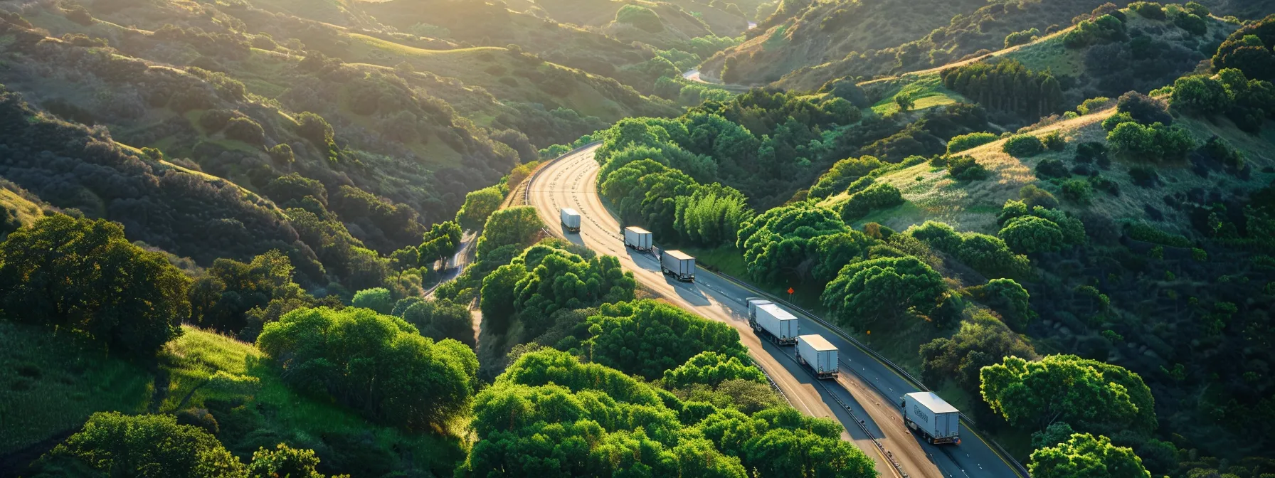 a line of fuel-efficient moving trucks driving through a lush, green landscape, reducing pollutants and supporting sustainability in los angeles. a line of fuel-efficient moving trucks driving through a lush, green landscape, reducing pollutants and supporting sustainability in los angeles.