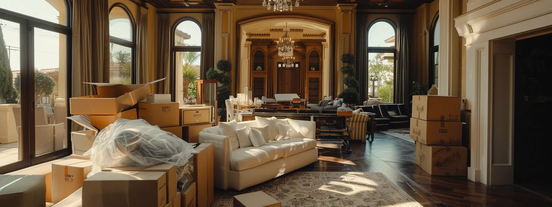 a luxurious living room filled with high-end furniture being carefully packed and loaded onto a climate-controlled moving truck by white-gloved movers in los angeles. a luxurious living room filled with high-end furniture being carefully packed and loaded onto a climate-controlled moving truck by white-gloved movers in los angeles.
