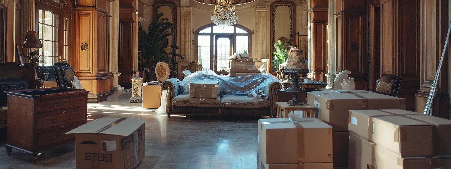 a luxurious mansion interior filled with elegant, antique furniture being carefully wrapped and loaded onto a moving truck by expert movers in los angeles. a luxurious mansion interior filled with elegant, antique furniture being carefully wrapped and loaded onto a moving truck by expert movers in los angeles.