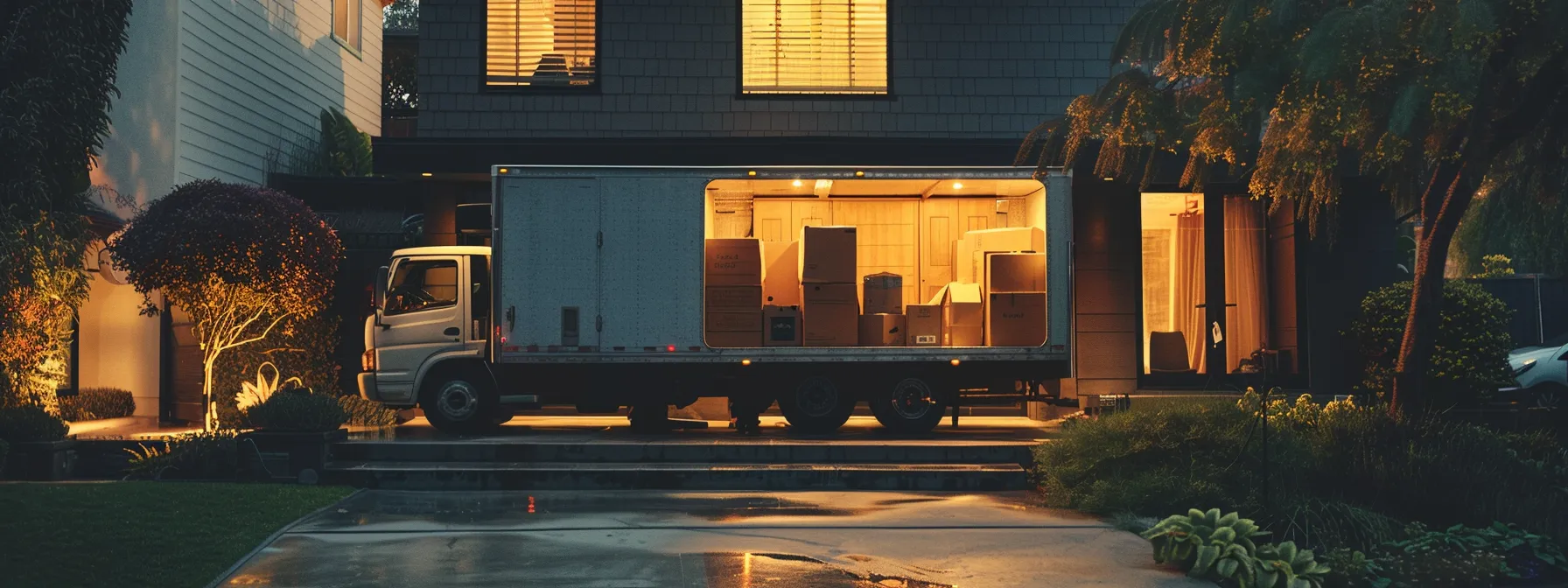a modern moving truck parked outside a stylish la home, with movers efficiently unloading furniture and boxes into the house, showcasing the convenience of bundled moving and storage packages. a modern moving truck parked outside a stylish la home, with movers efficiently unloading furniture and boxes into the house, showcasing the convenience of bundled moving and storage packages.